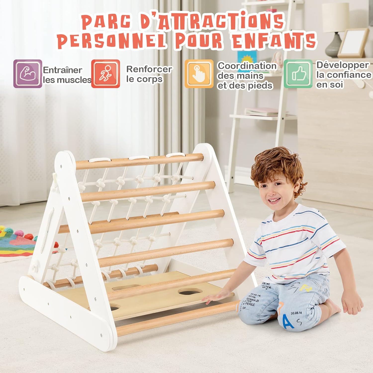 2 en 1 Triangle d'escalade Montessori Enfant avec Toboggan, Echelle d’Escalade en Bois Hauteur Réglable, Charge 50kg pour Enfants, Blanc - 2