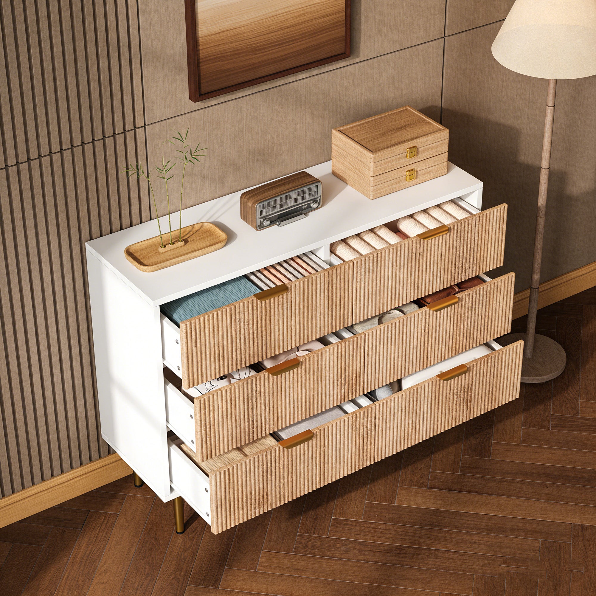 Commode avec 6 tiroirs, COZY, commode de chambre en bois, pieds en métal, 100x34x73 cm, pour chambre et salon, Blanc et Bois - 3