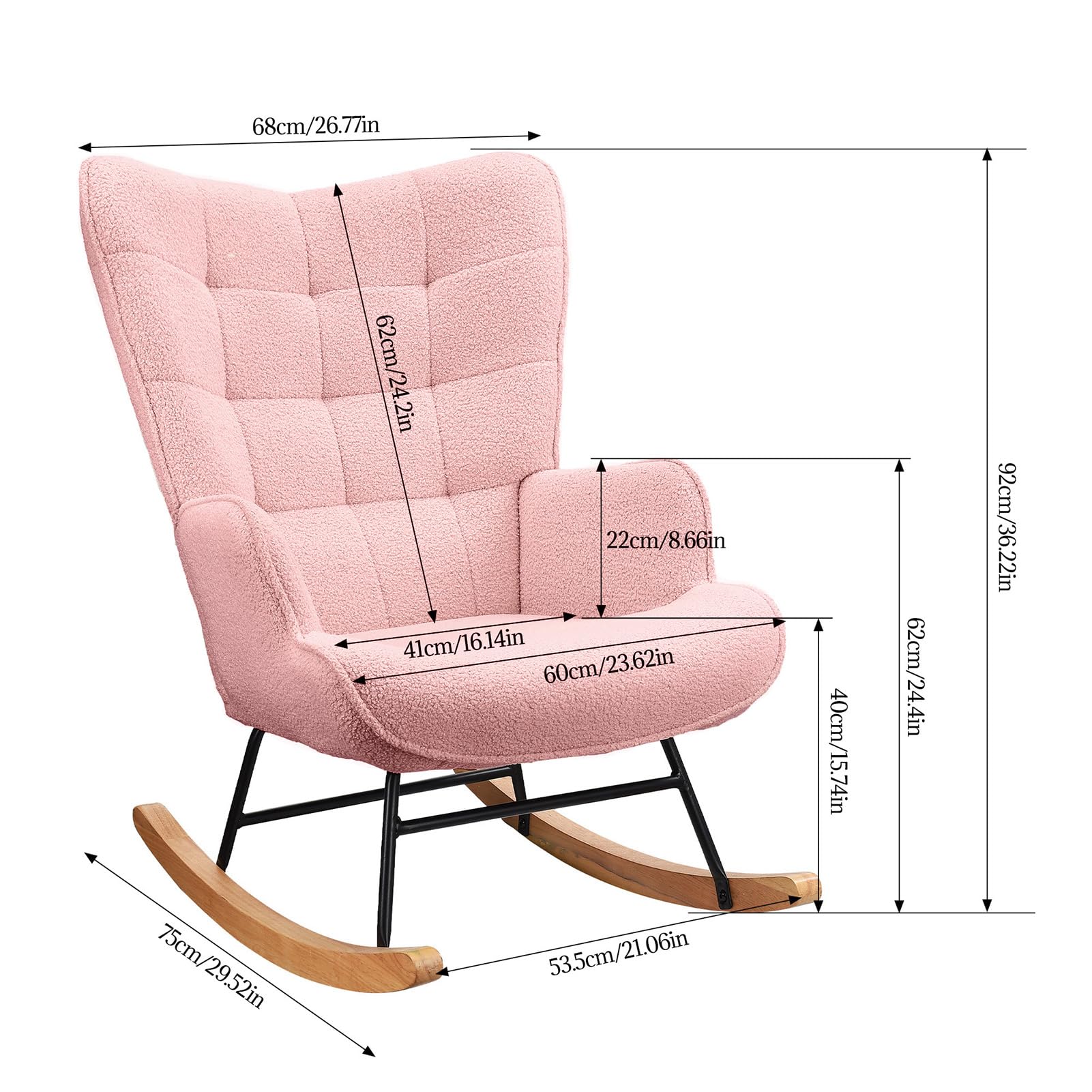 Fauteuil à Bascule, Rocking Chair d'Allaitement - Structure en métal et pieds bois massif, Maximale : 150 kg, Tissu Peluche Teddy, Rose, 75x68x92 cm - 3