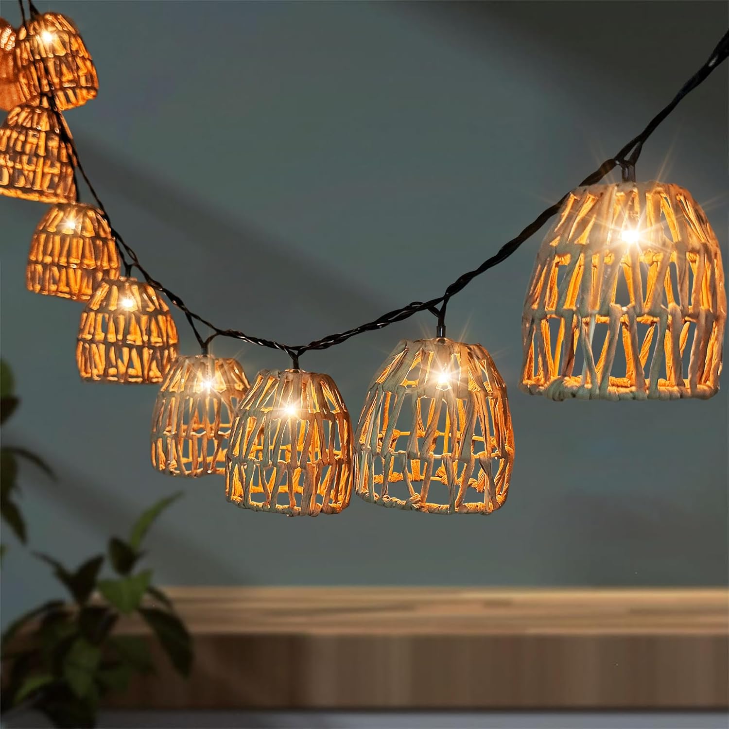 Luci solari a catena, luci solari da fata, 10 sfere solari a LED in rattan, luci da esterno a catena. - 4