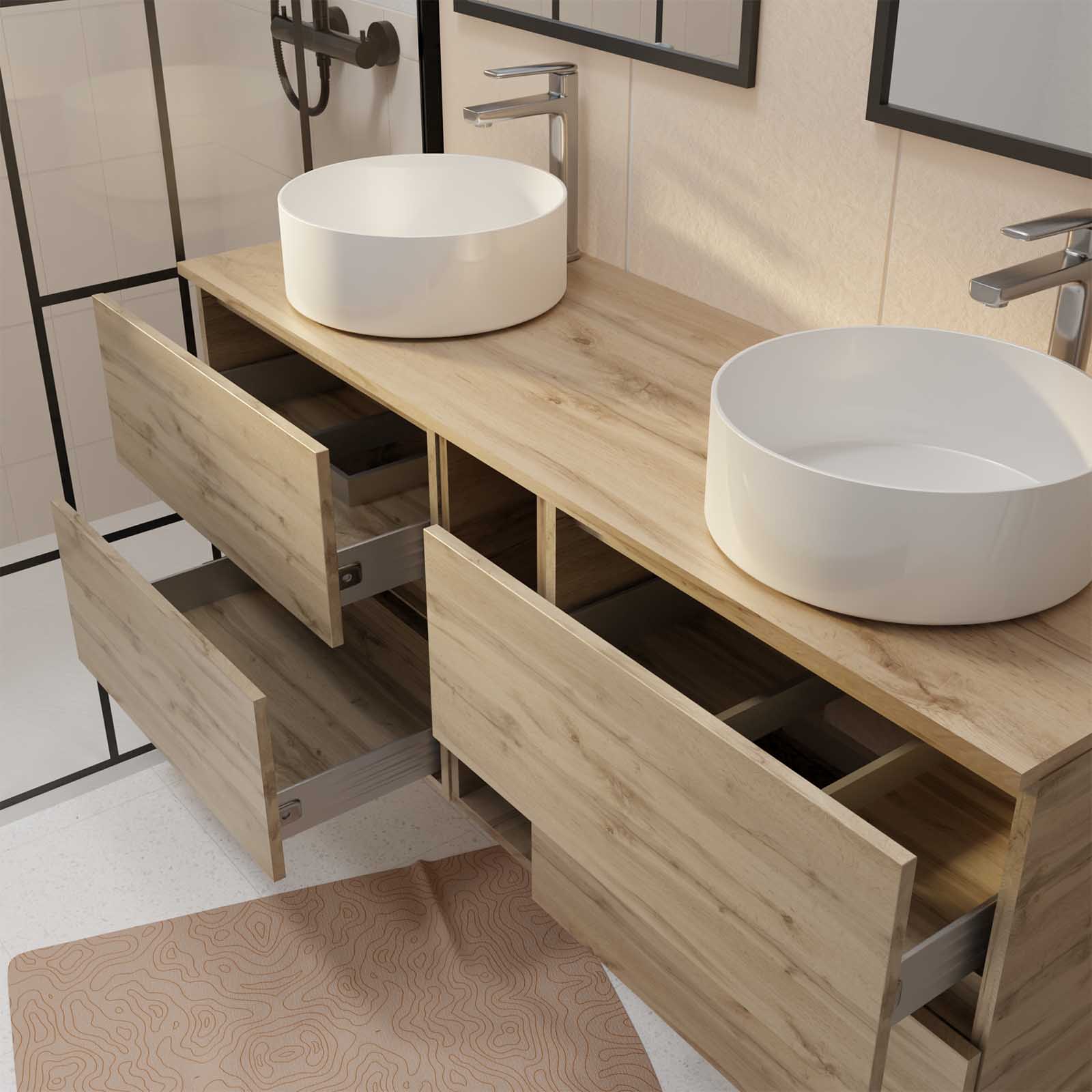 Meuble de Salle de Bains 140 TIMBER Décor Chêne 4 tiroirs et module - Vasques Blanches 36cm - 2