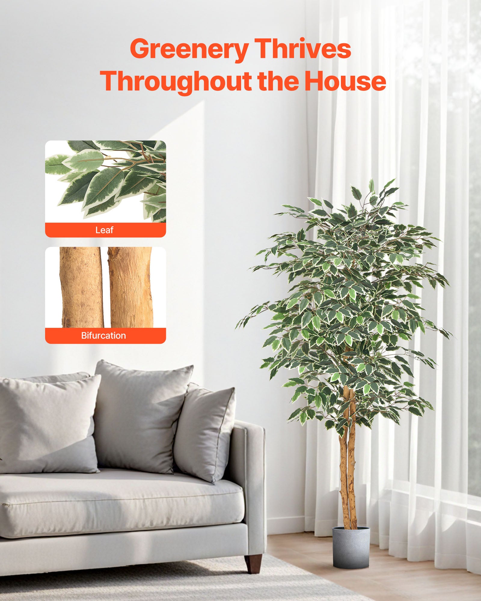 Árbol artificial VEVOR 1,5 m,planta de ficus artificial de polietileno con maceta negra,ideal para oficina,salón,dormitorio y decoración del hogar - 3