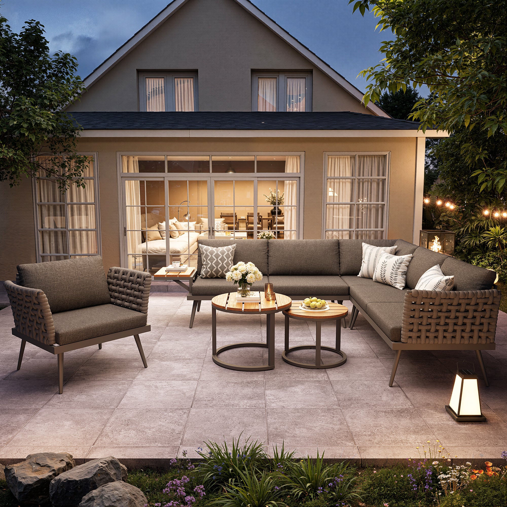 Salon de Jardin Exterieur pour 6 places,avec 2 tables basses en bois,Canapé d'angle extérieur en forme de L,avec coussin,Main courante tressée, Gris - 6