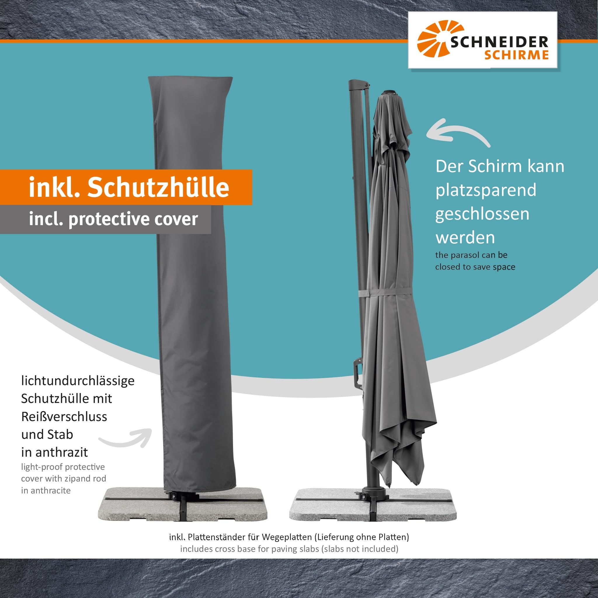 Parasol déporté Schneider Tavo anthracite, 400 x 300 cm – rotatif 360°, inclinable, avec housse et support pour dalles - 3