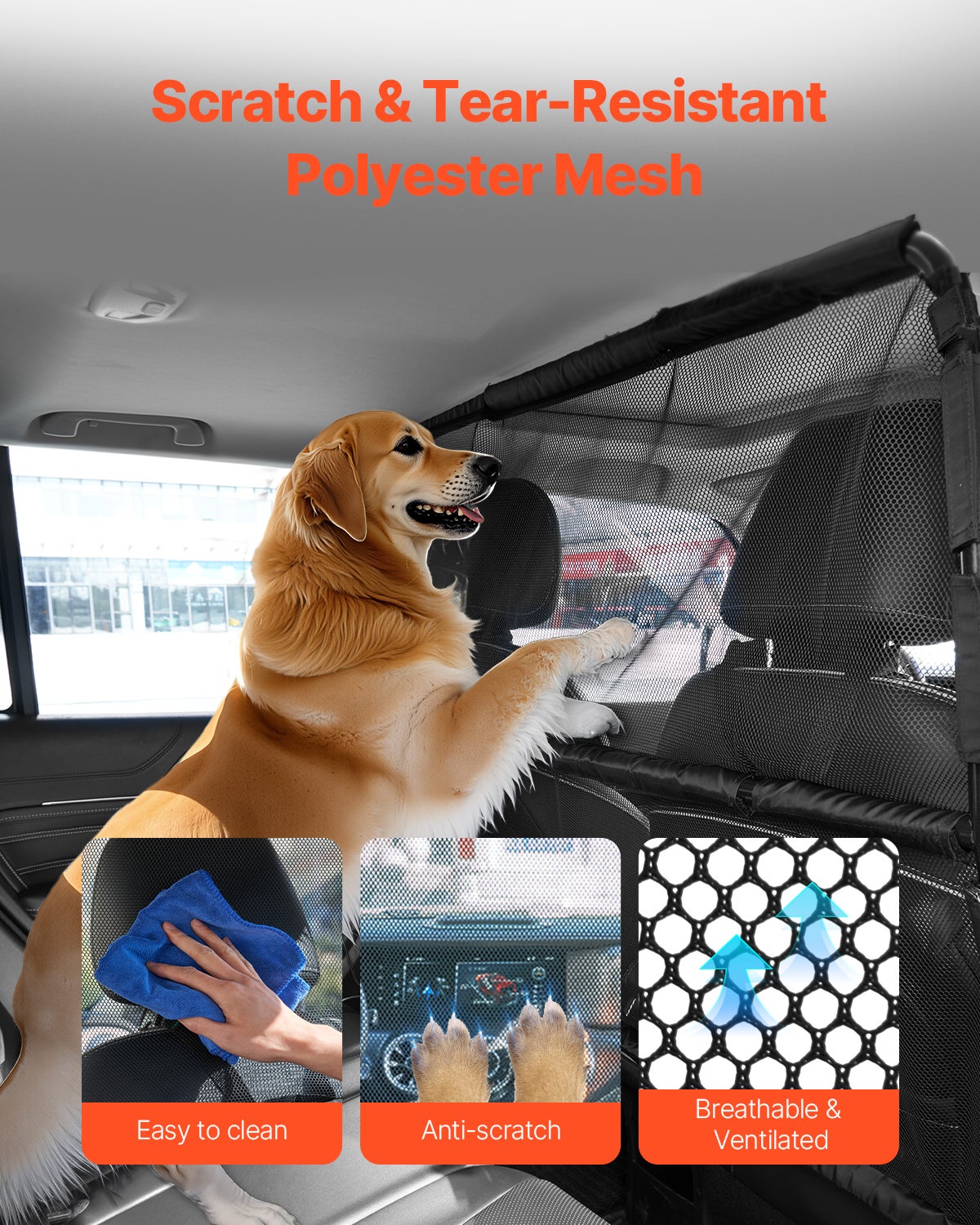 Barrera Perro,Separador VEVOR 50 pulgadas Asiento Frontal,Barrera Mascotas de Malla Transparente,Barrera Universal para Berlina,Camión,SUV,Negro - 3