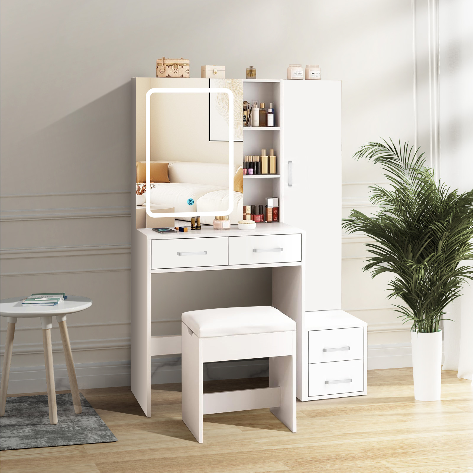 Toeletta LED Tricolore Scorrevole con 4 Cassetti, Specchio Regolabile e Comodo Ripiano, 100x40x142 cm - 2