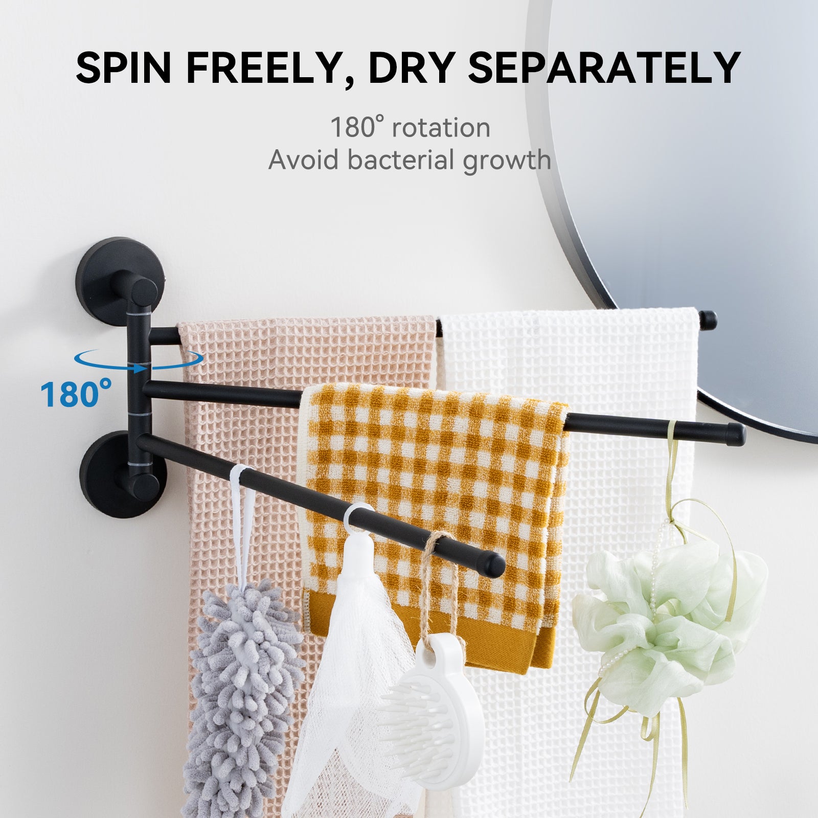 Auralum max Porte-serviettes pivotant à 3 bras,acier inoxydable pour salle bain,porte-serviettes mural peu encombrant,rotation à 180°(Noir) - 8