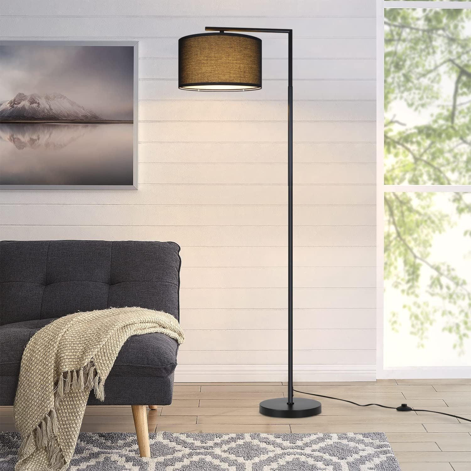NETTLIFE Czarna lampa podłogowa do salonu: nowoczesna designerska tkanina, gniazdo E27 o mocy max 40W z włącznikiem nożnym - 8