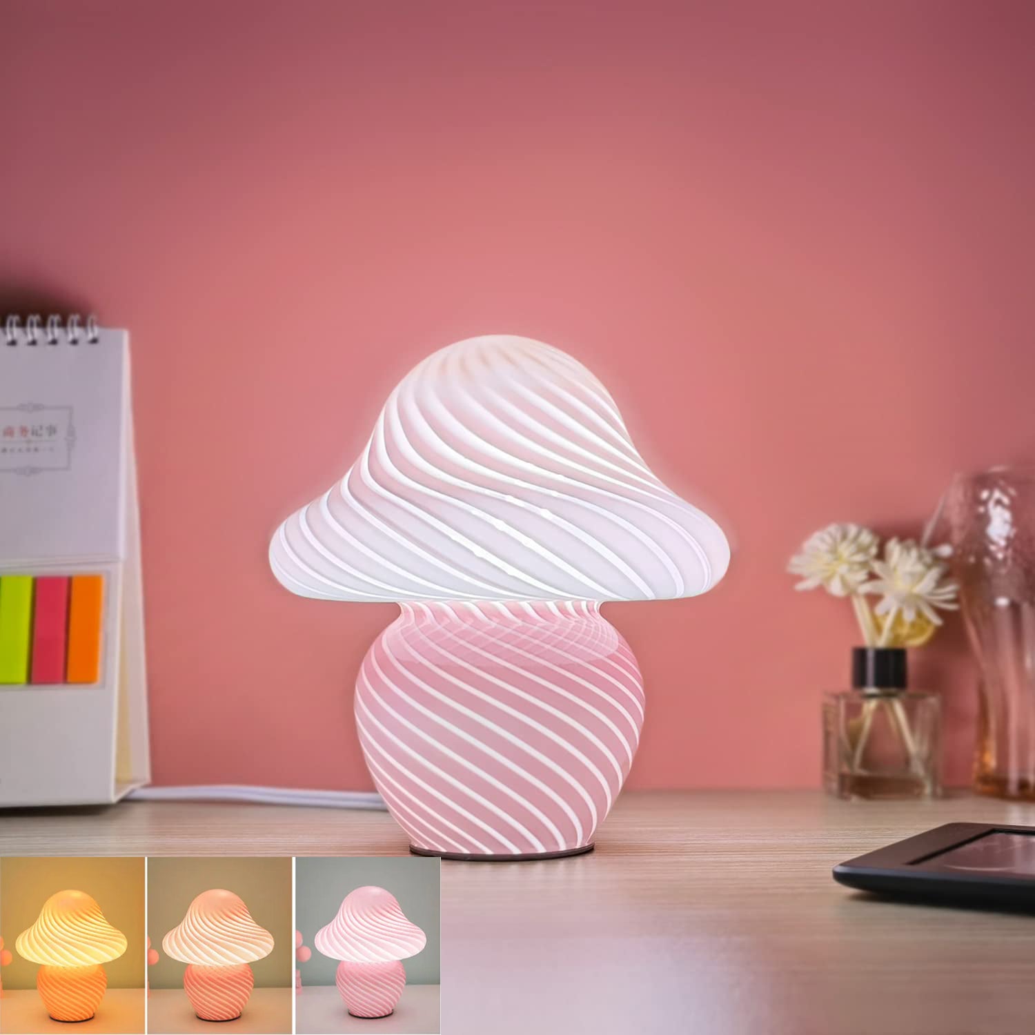 Lampa grzybek, szklana lampka nocna, lampka nocna, mała lampka biurkowa do dekoracji wnętrz, 3 tryby kolorów