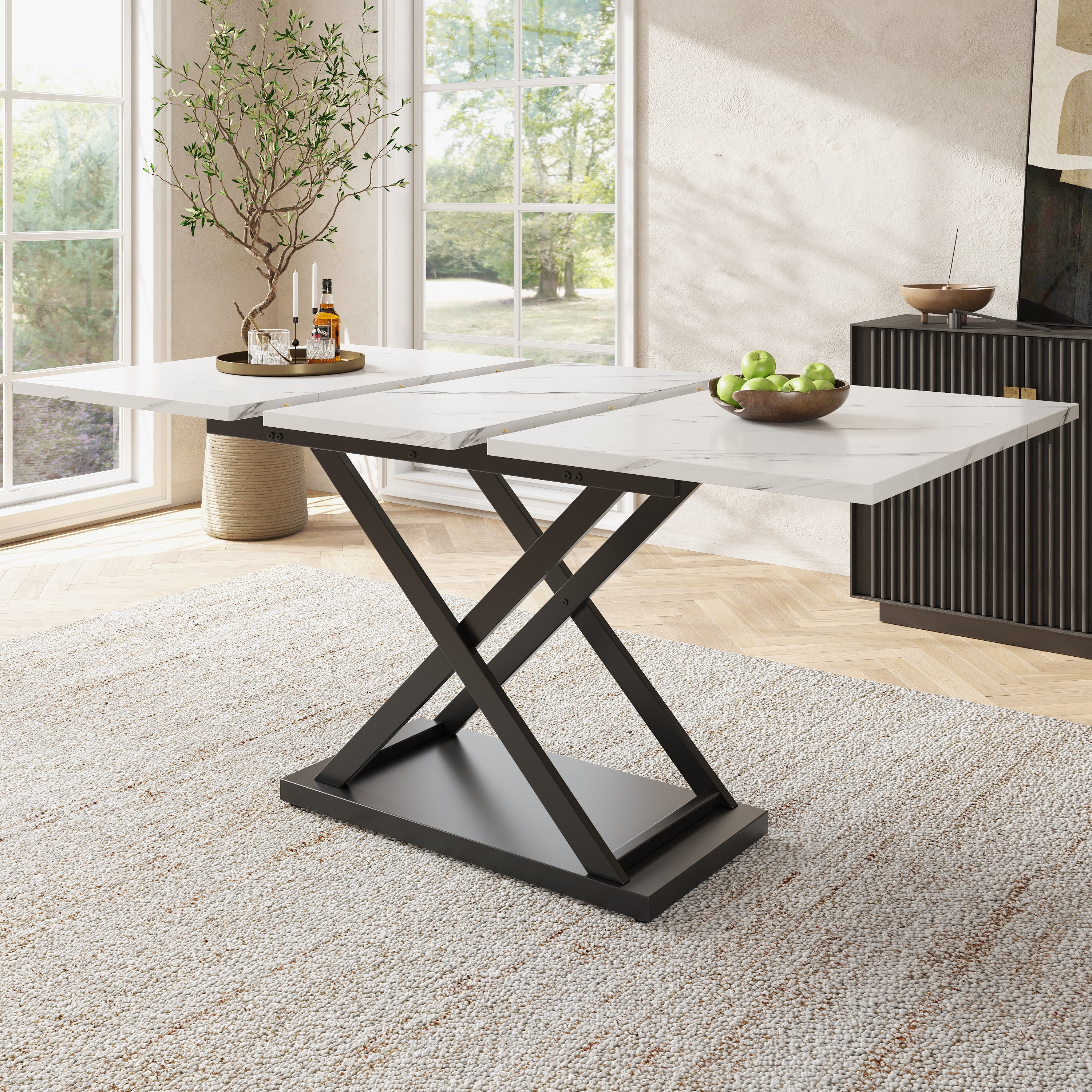 Rozkładany stół jadalny dla 4-6 osób - 120/160 x 80 x 75 cm - Nogi z płyty MDF i metalu - Blat imitujący marmur - Kolor biały - 2