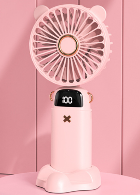 Mini wentylator elektryczny z 5 prędkościami, wyświetlaczem cyfrowym, ręczny wentylator z akumulatorem USB i uchwytem na telefon, różowy