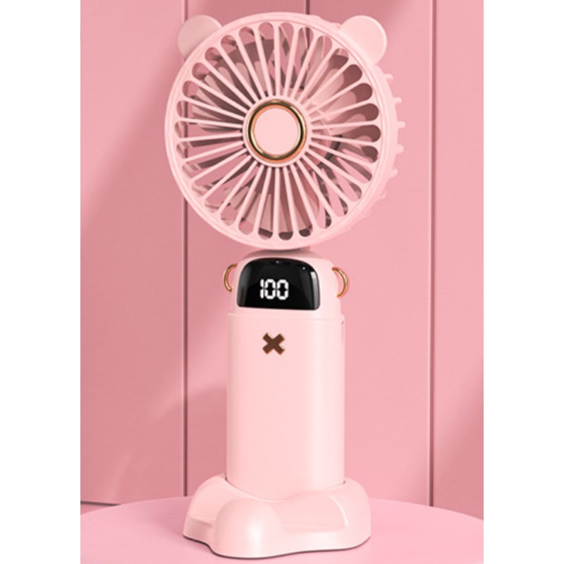 Mini wentylator elektryczny z 5 prędkościami, wyświetlaczem cyfrowym, ręczny wentylator z akumulatorem USB i uchwytem na telefon, różowy