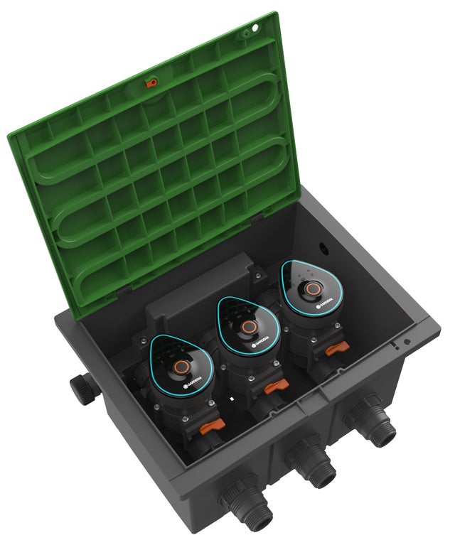 GARDENA Kit regard pré-montable V3 + électrovannes programmables 9 V Bluetooth®. Avec 1 lance de nettoyage et un raccord. (1286-20)