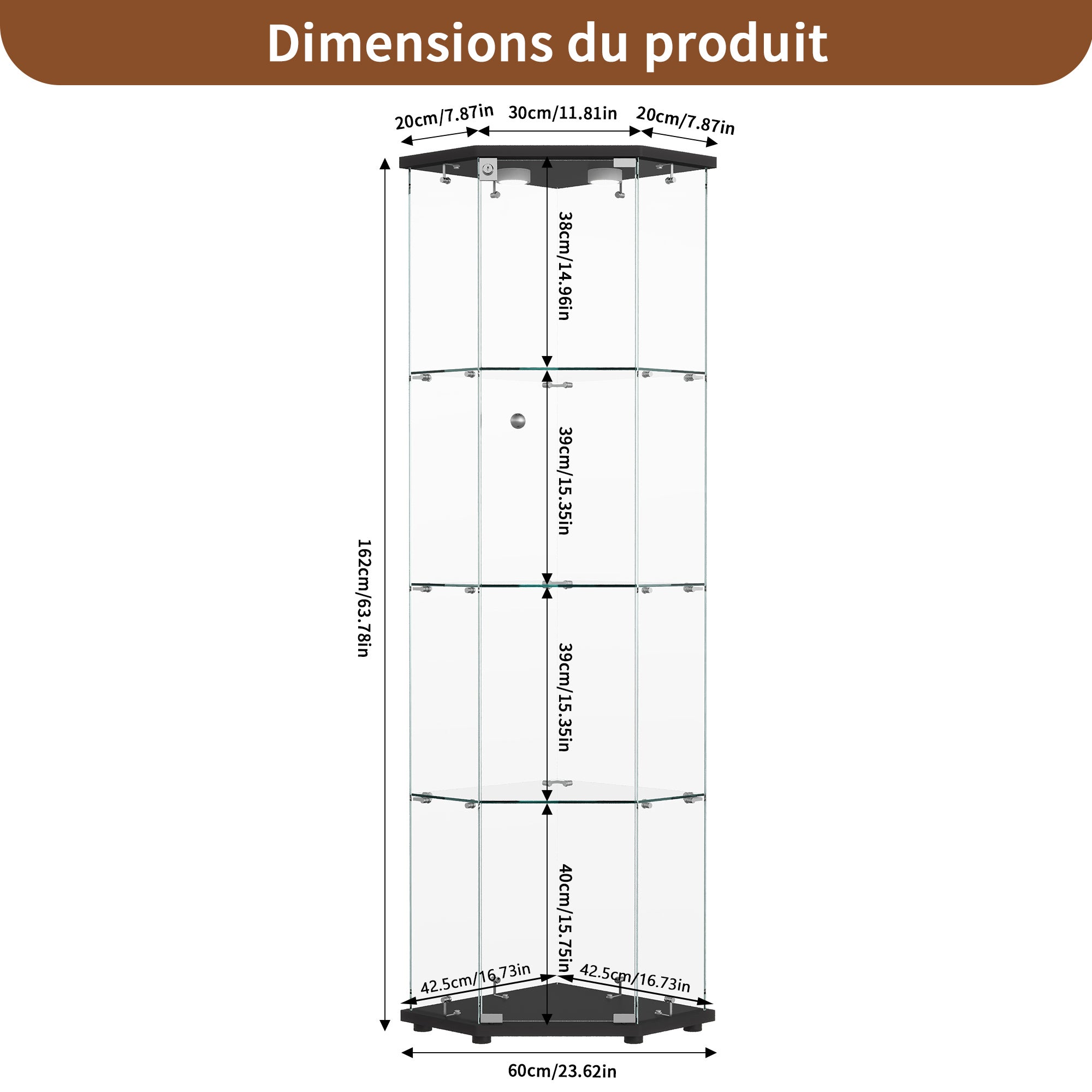 LED Vitrine, Vitrine en Verre, Vitrine pour collection Transparent en verre 4 Couches avec 1 Porte, pour salon et chambre à coucher,cinq angles,noir - 9