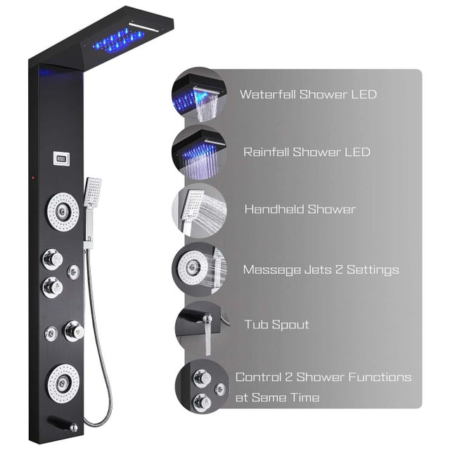 AULEDIO Tour de douche inox noire LED système pluie massage 6 fonctions jets SPA douchette affichage température salle bain luxe