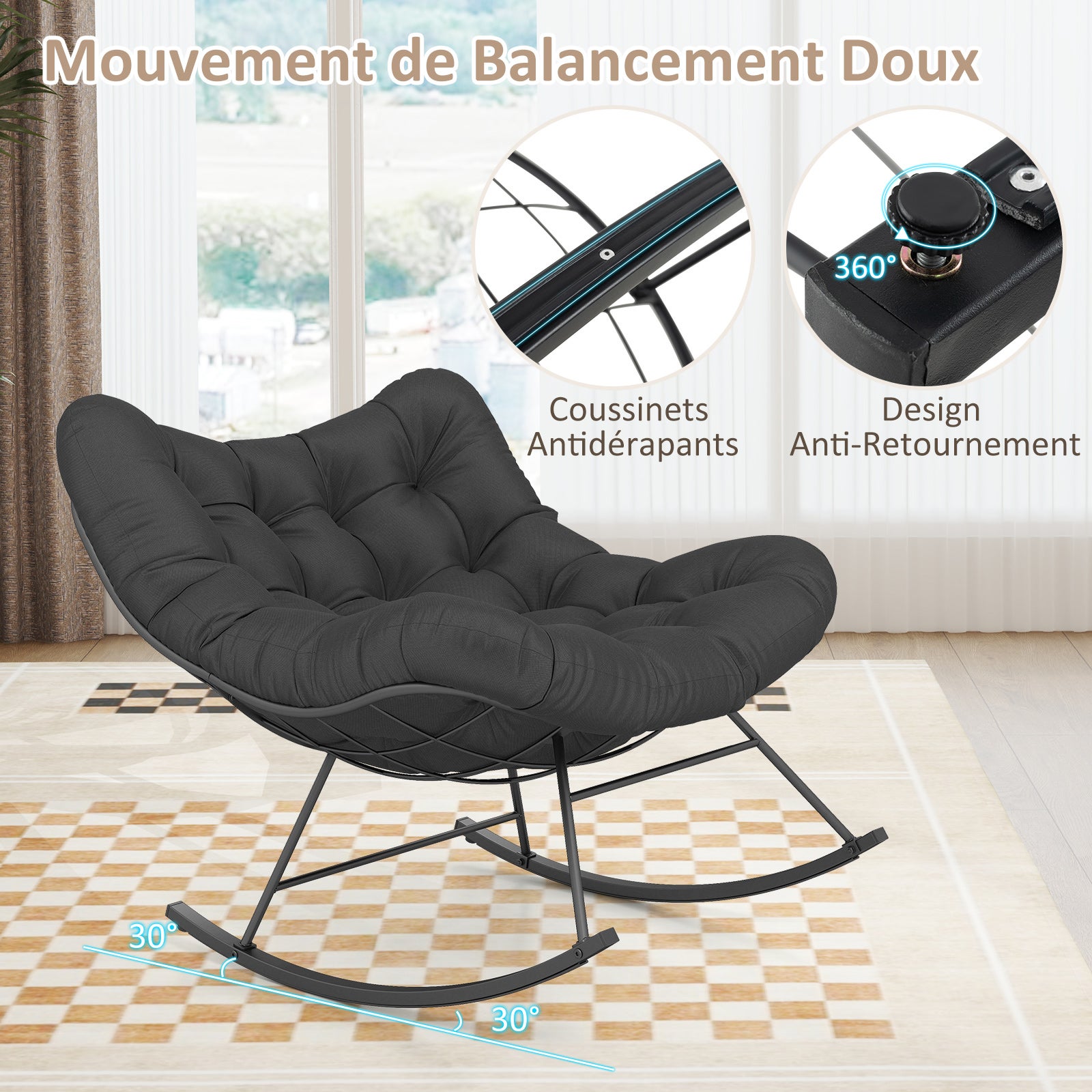 Fauteuil à Bascule Intérieur et Extérieur, Chaise Papasan Forme oeuf Surdimensionnée avec Coussin Rembourré, Charge 205KG, Noir Anthracite - 5