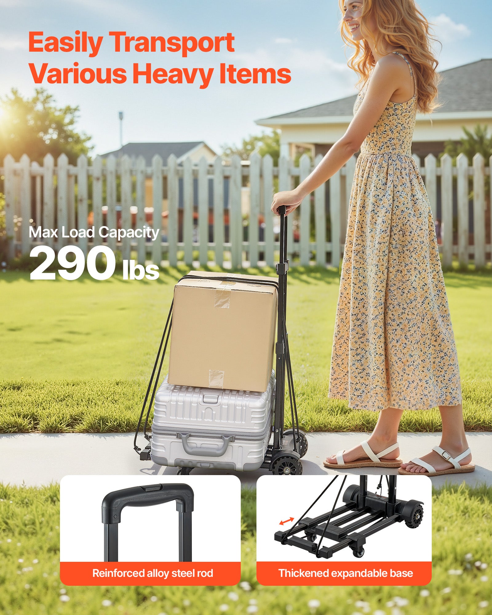 Carrinho dobrável 4 rodas VEVOR, capacidade 131,5 kg, 2 cordas elásticas, base extensível, carrinho utilitário para mudança, escritório, preto - 2