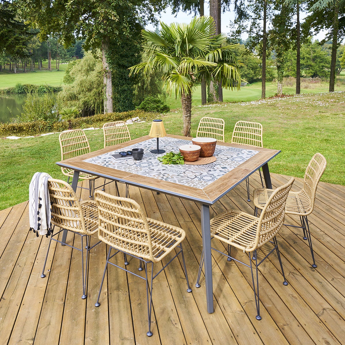 Table De Jardin Bistro Lambada 8 Places - Plateau Céramique Graphite, Structure Acier - Design élégant Pour Terrasse - 8
