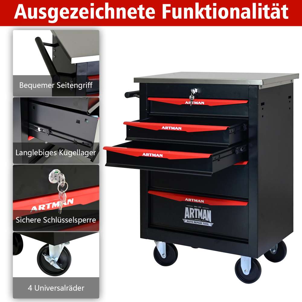 Chariot Multifonction à 5 tiroirs avec roues –Chariot de rangement en métal avec surface en acier inoxydable,pour garage et atelier - 8