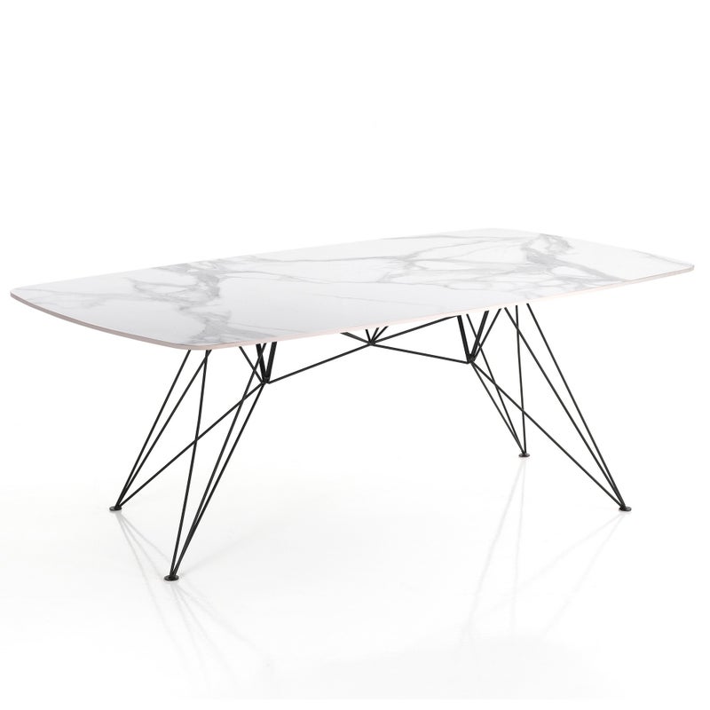 Stół/biurko SPILLO WHITE MARBLE, błyszcząca ceramika Calacatta, dł. 180 cm, czarna rama, 8 miejsc, do użytku domowego/biurowego