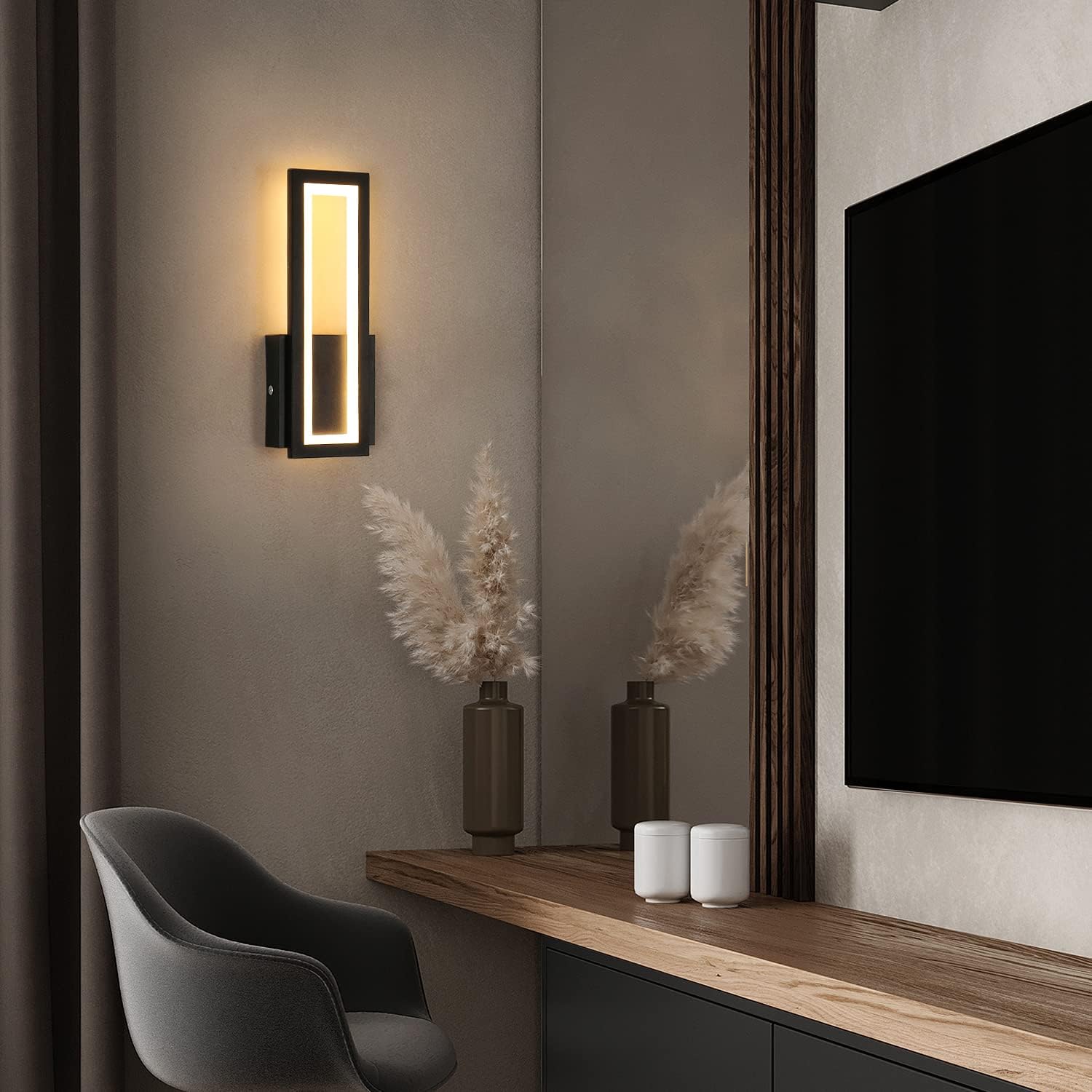 GOECO Applique murale LED d'intérieur, 16W Applique murale moderne en acrylique, Applique murale noire d'intérieur pour le salon, Blanc chaud 3000K - 3
