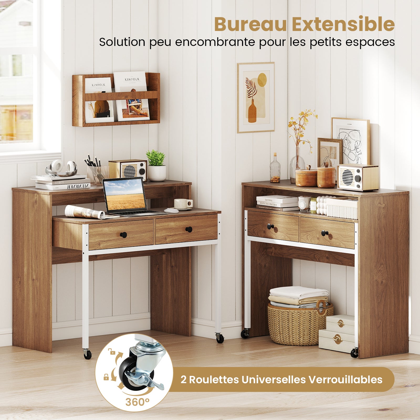 Bureau Extensible Mobile, Table d'Ordinateur Gain de Place avec Tiroirs, Bureau Console en Bois Compacte avec Roulettes pour Salon, Chambre, Naturel - 4