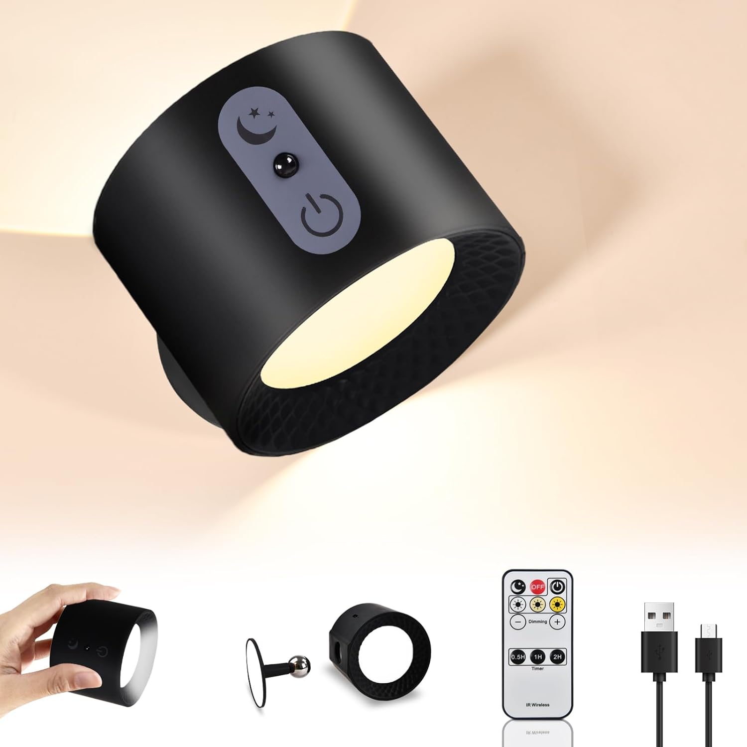 Wewnętrzny kinkiet z pilotem, bezprzewodowa lampa ścienna LED z dotykowym sterowaniem, akumulator 2000mAh, obrotowa o 360°, regulowana jasność, USB-C