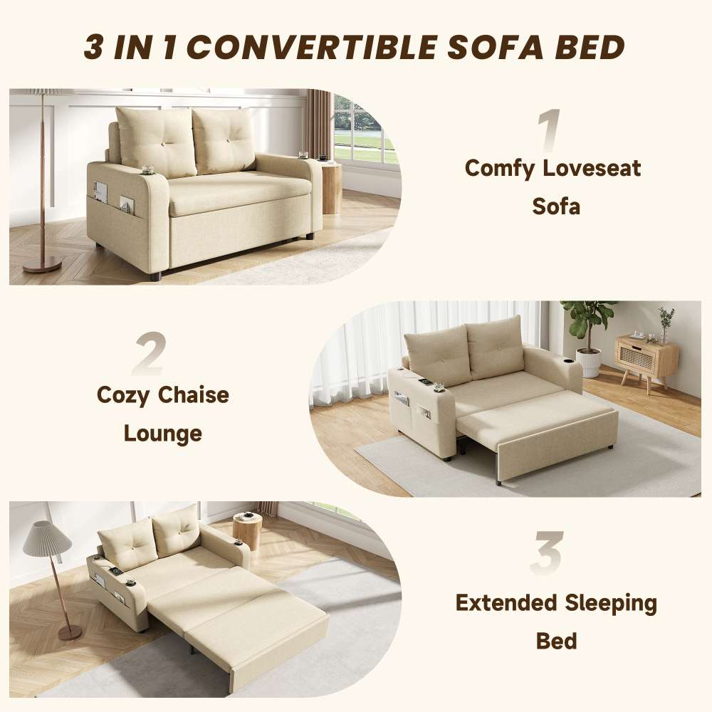 Canapé-lit 3-en-1, convertible, double avec porte-gobelet, poches latérales, coussins, USB, design moderne, beige - 9