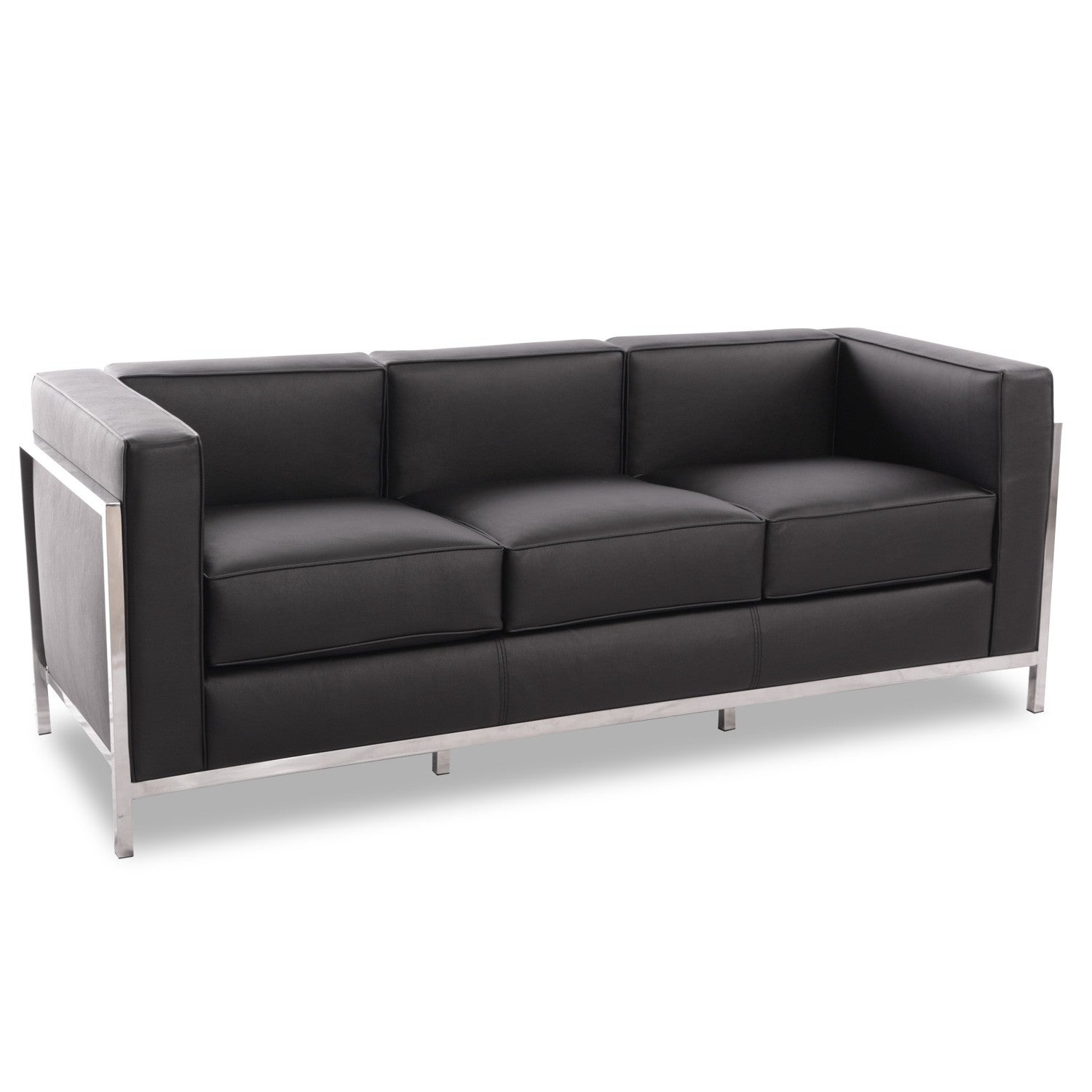 Mf - sofá de 3 plazas modelo lobby, acero inoxidable, tapizado en similpiel negra. 70 x 183 x 68 cm