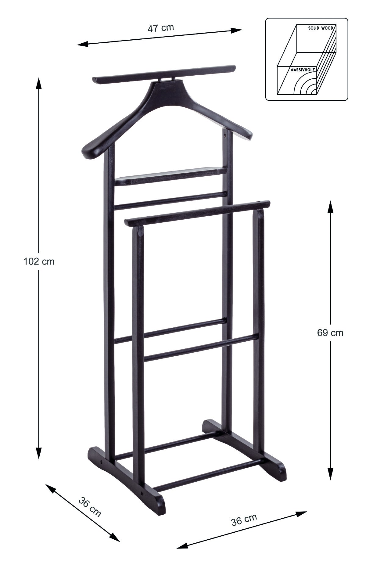 Valet de nuit double, valet de chambre en bois massif hévéa coloris tabac - longueur 47 x profondeur 36 x hauteur 102 cm - 2