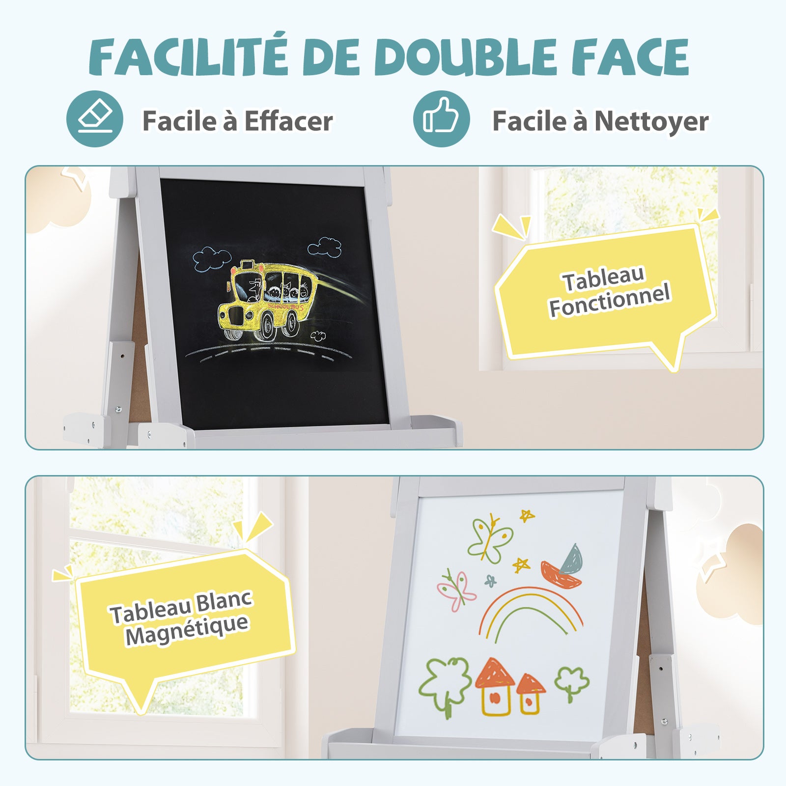 Chevalet Pliable pour Enfants, Double Face avec Tableau Noir et Tableau Blanc Magnétique, Rouleau de Papier Remplaçable, 3 Gobelets, Gris - 5