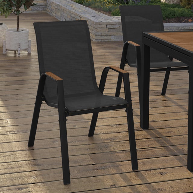 Lot de 4 chaises de jardin NOUMEA métal et textilène empilables noir et bois