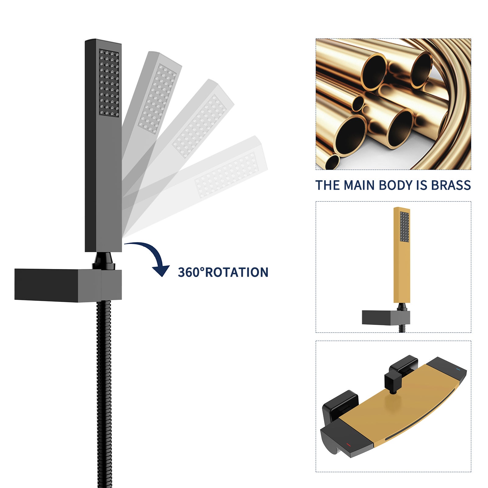 Mitigeur de Baignoire Cascade Robinet de Baignoire Mural avec Douchette à Main et Flexible de douche 1,5M, Laiton Noir Mat - 6