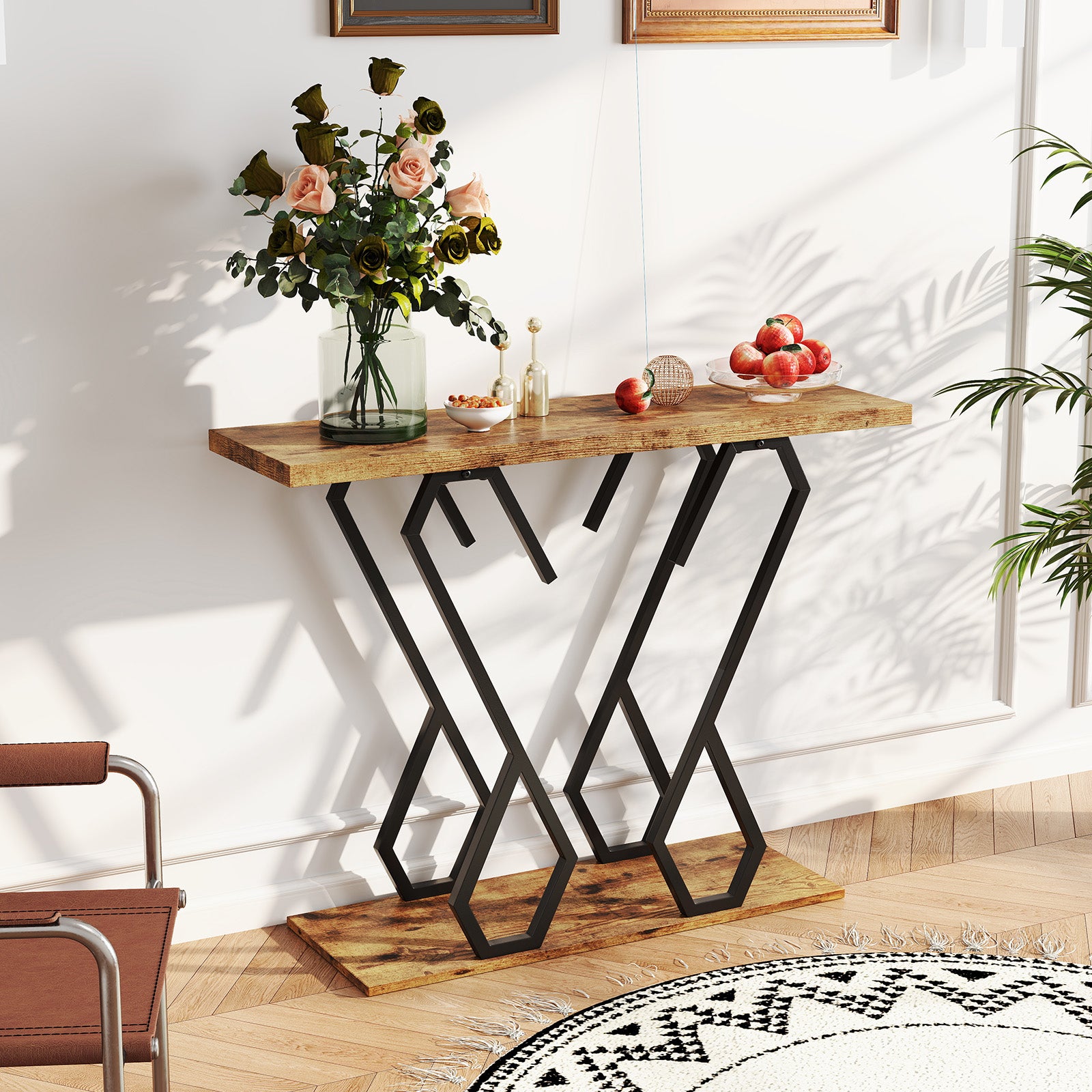 Stolik konsolowy, mebel do przedpokoju z półką, złota metalowa rama, zestaw zabezpieczający przed przewróceniem w zestawie, 100 x 30 x 80 cm, brązowy - 2