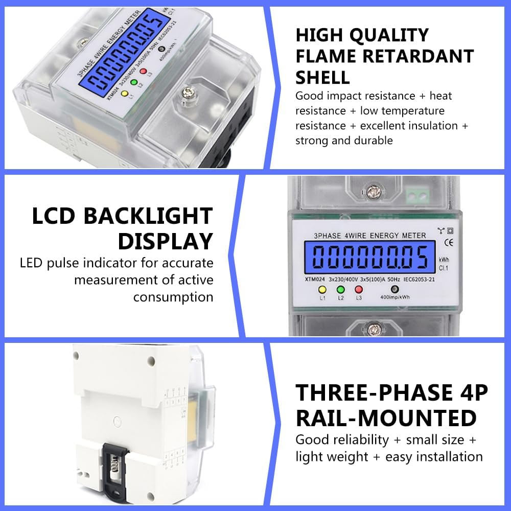 Contador Inteligente de Energia 5-100A - Display LCD Digital Trifásico, Consumo de Energia para Submedição - 3