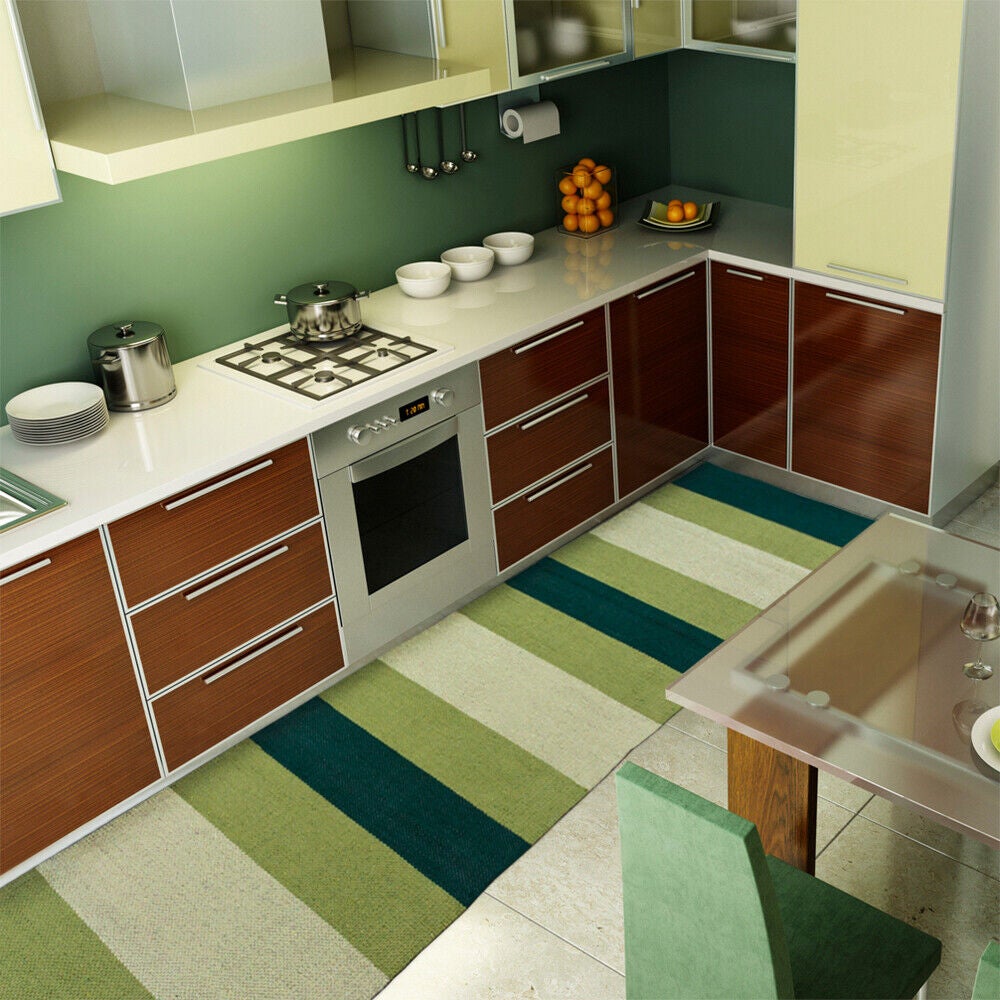 Tappeto Cucina Bagno Puro Cotone Morbido Assorbente Scendiletto Intrecciato a Mano Verde 55x240 cm - 4