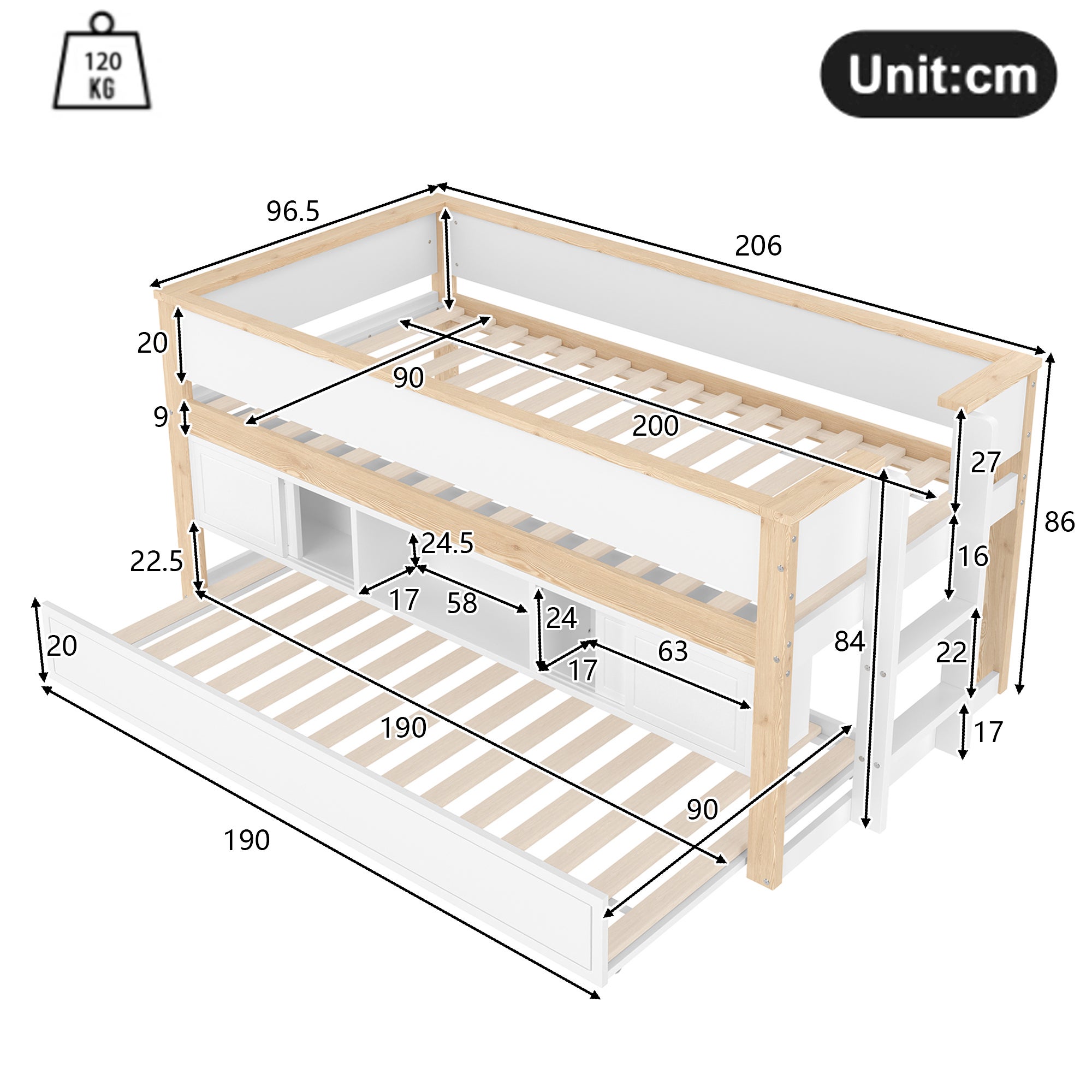 Letto estraibile 90x200 cm con cassetti scorrevoli e spazi aperti, pino bianco e naturale, senza materasso - 4