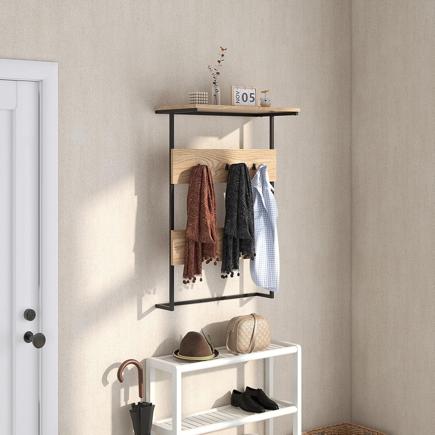 Lot De 2 Porte-manteaux Muraux Avec 6 Crochets - Acier Inoxydable 304 - Fixation Vis Ou Adhésif - Noir