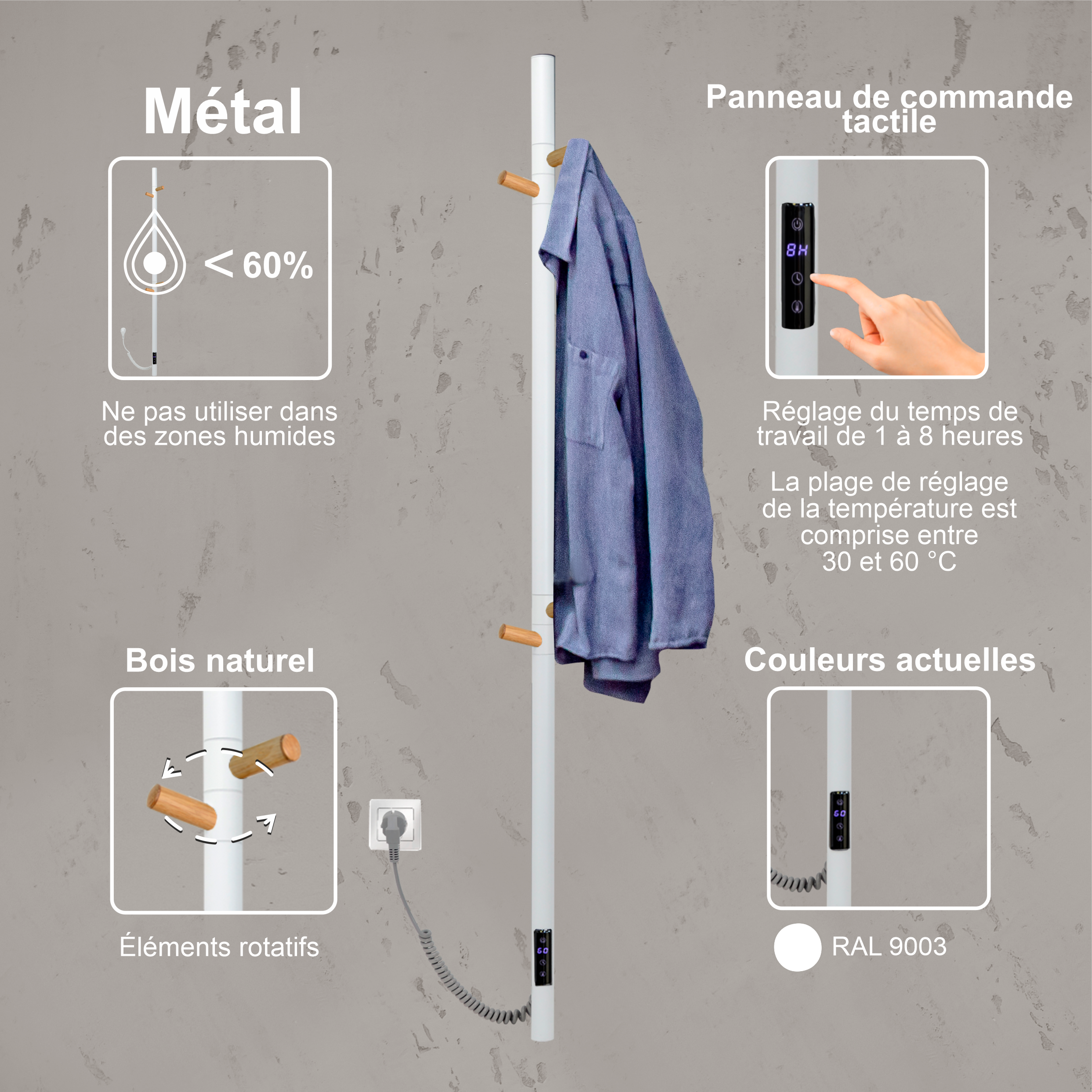 Sèche-serviettes électrique design, métal, PRIMUM HOME WHITE, 60W, 15х140 cm - 3