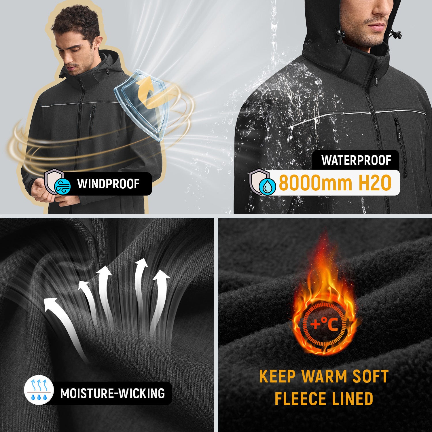 Veste de Travail Homme Blouson & Softshell de Travail - Imperméable, Anti-Vent, Fourré Chaud, Poches Multiples, Capuche Amovible - Noir L - 4