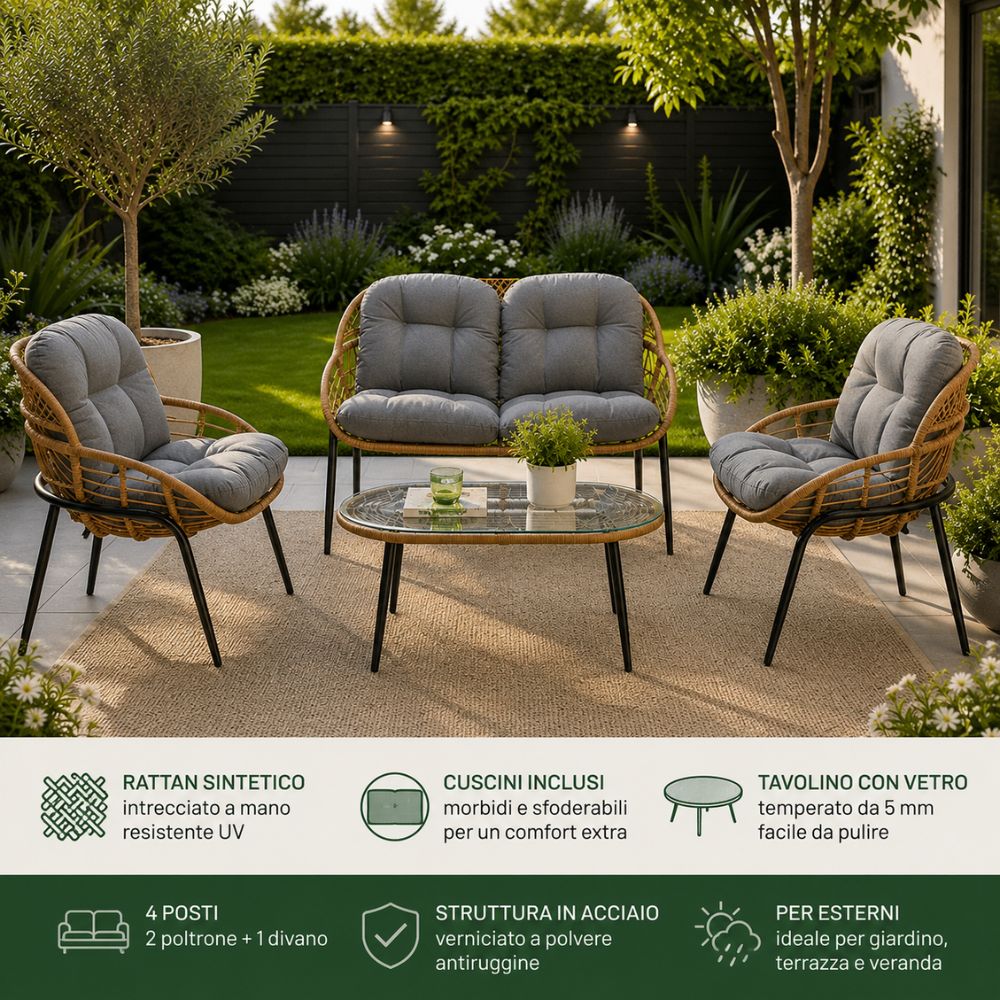 Salon de jardin 4 places avec canapé, fauteuils et table basse avec coussins en rotin synthétique tressé à la main Ensemble de mobilier - 3