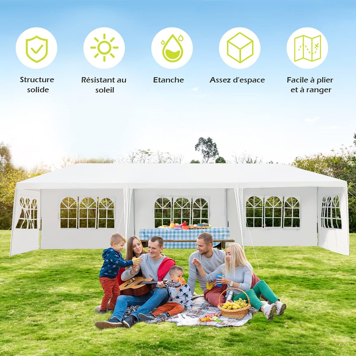 Tonnelle 3x9M Tente de Réception 5 Bâches avec Fenêtres-Pergola avec Piquets et Cordes-Tissu étanche/Résistant au Soleil - 3