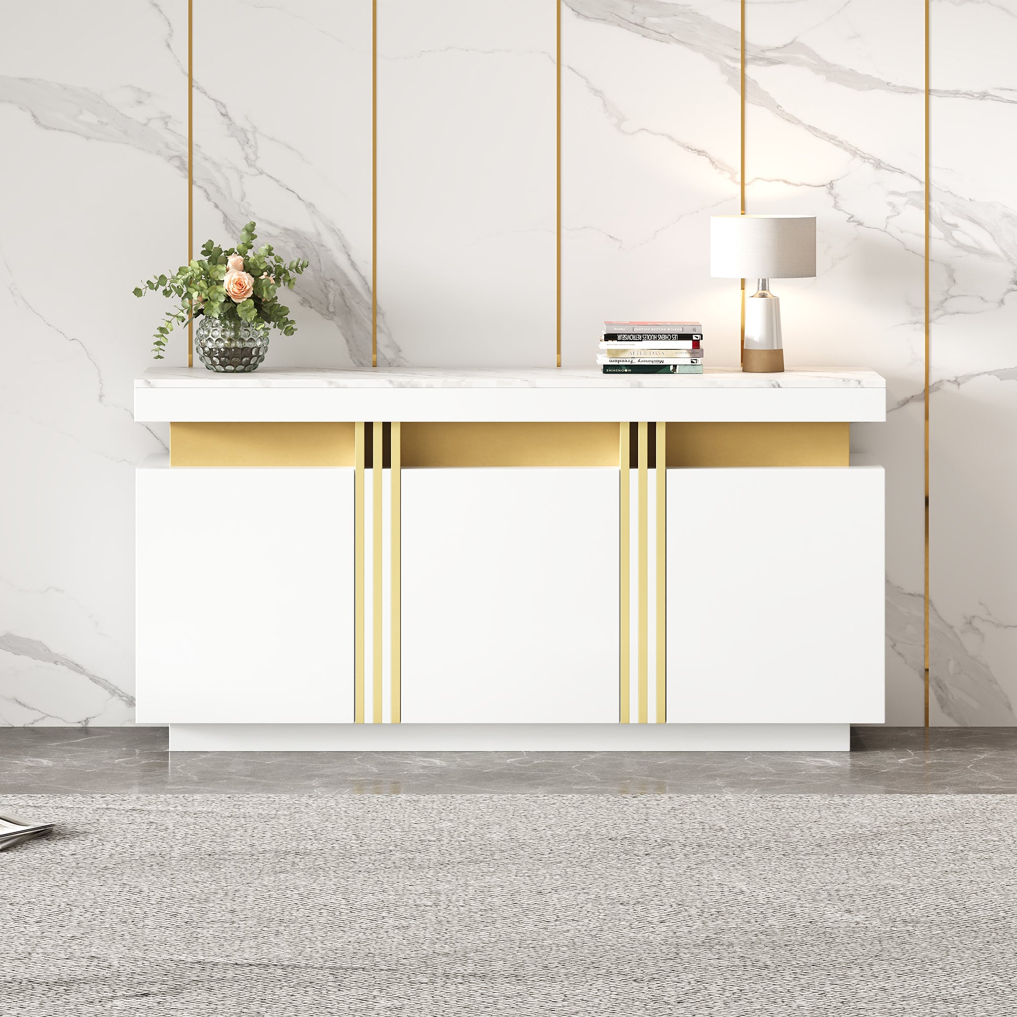 Nowoczesna komoda 140x38x70cm - 3 drzwi - Regulowane półki - Biała