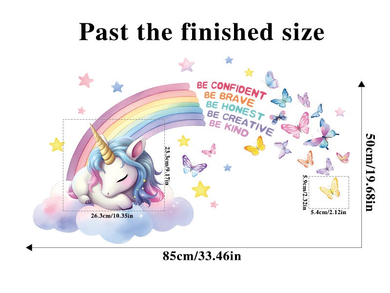 Autocollant Mural Inspirant et Coloré avec Licorne Arc-en-Ciel, Nuages et Papillons, Stickers Muraux à Décoller et Coller - 4