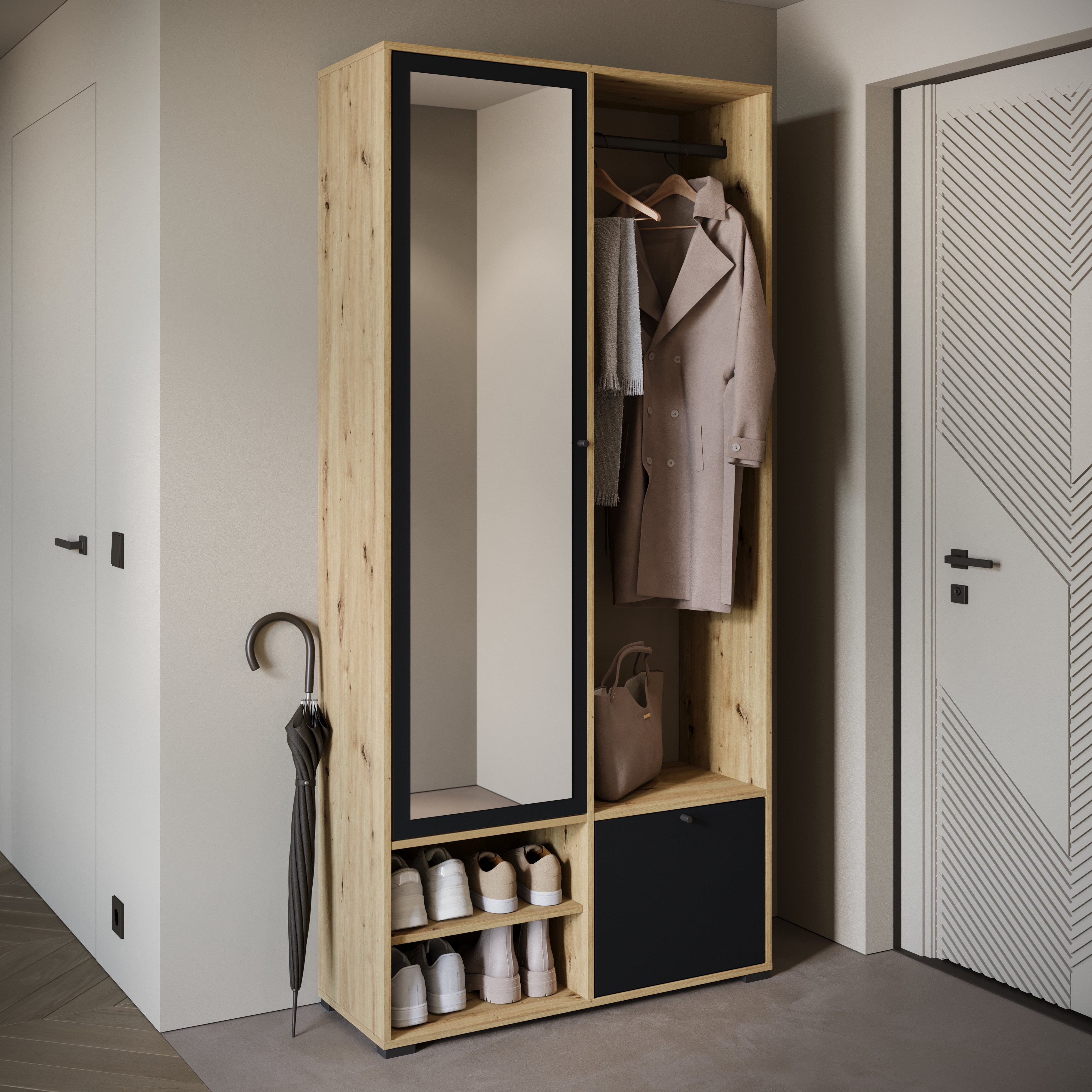 Minio go for it, Ensemble vestiaire DAFNI avec miroir 90x190x33, artisan/noir - 2