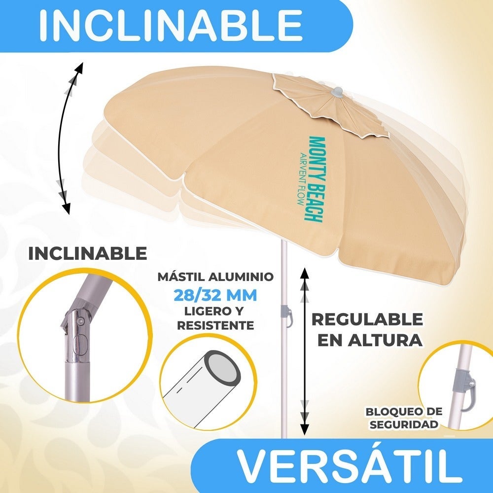 Sombrilla playa 240 cm con soporte arena, beige, ligera de Aluminio MONTY - 3