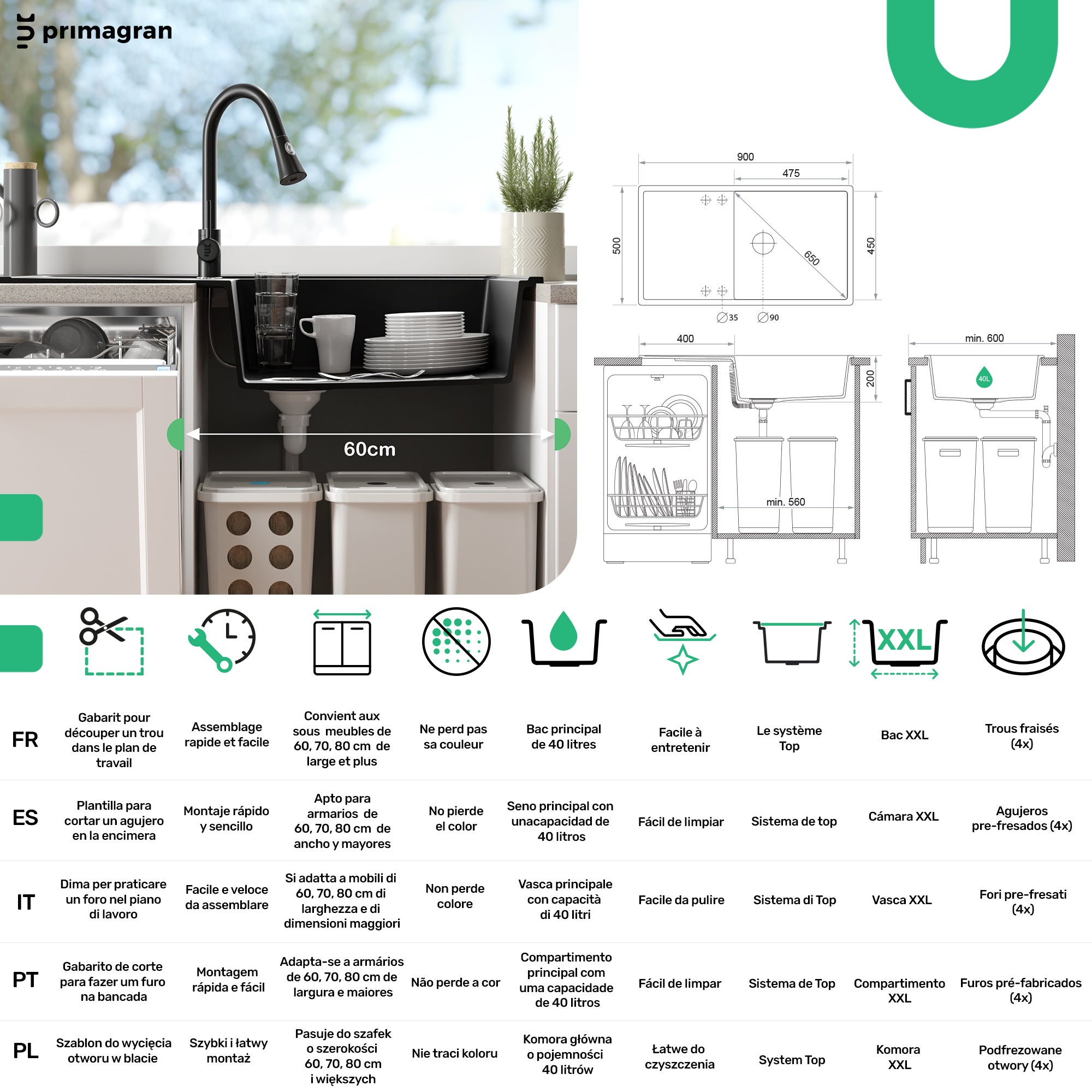 Evier Cuisine en Granit Blanc 90x50cm, Lavabo 1 bac + Kit de Vidage, Évier à Encastrer au meuble 60cm - Ibiza PRIMAGRAN - 6