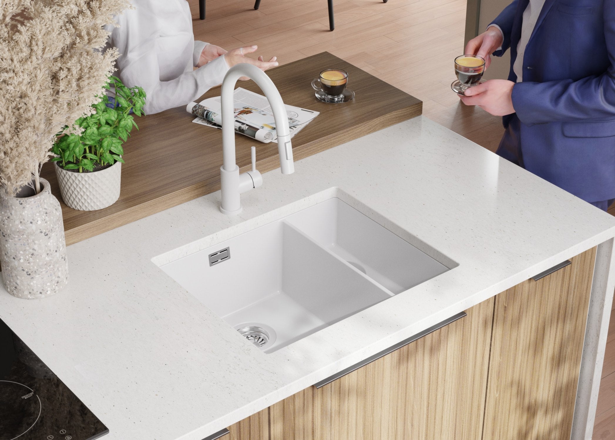 Lavandino sottotop Bianco 56x47cm, Lavello in Granito a 1,5 vasche + Sifone Classico + Accessori, Lavabo da Cucina al mobile 60cm PRIMAGRAN - 4