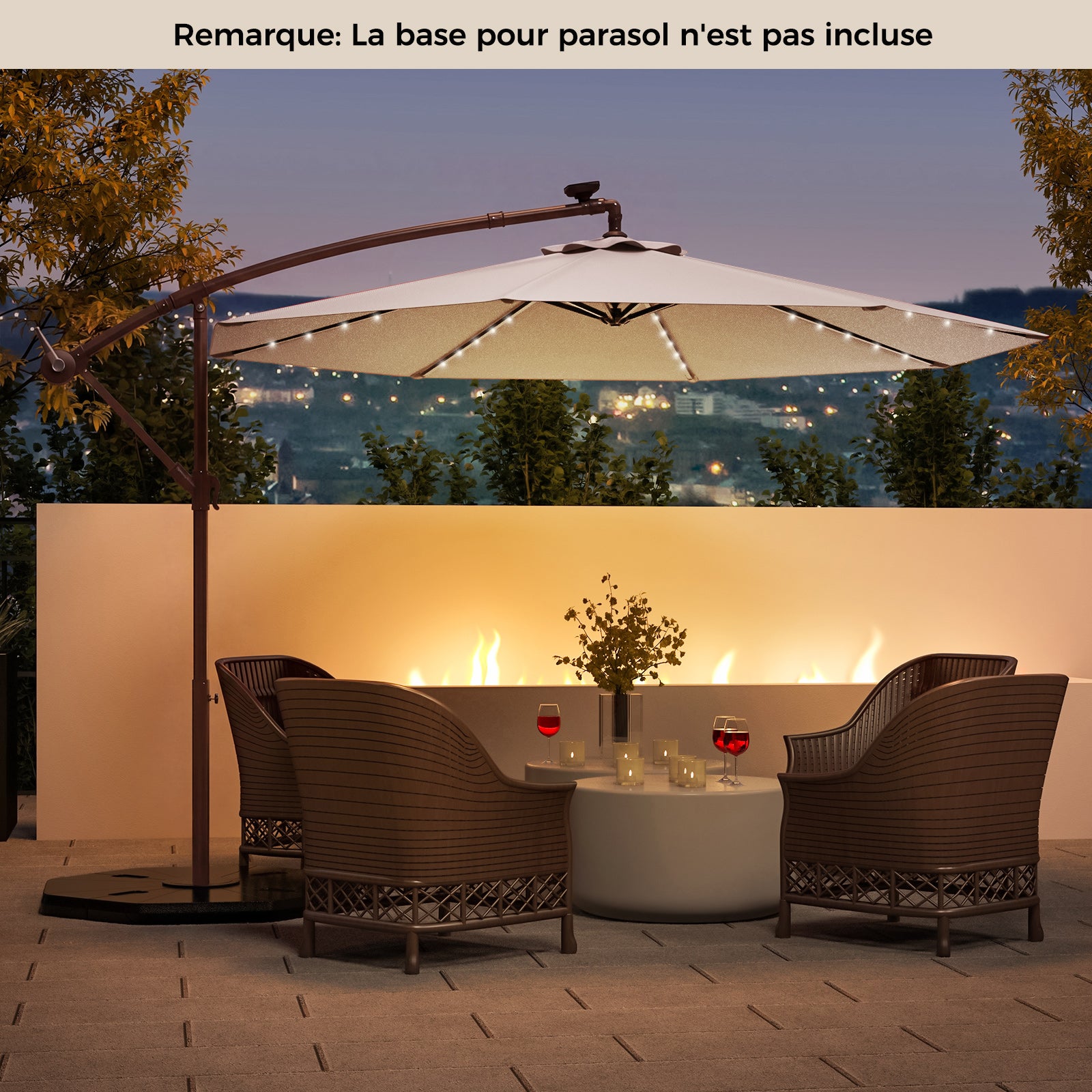 Parasol Déporté 3M Hexagonale, avec 40 LED Solaire, Inclinable, 8 Baleines en Métal, Base Croisée, Parasol à Manivelle, Beige - 2