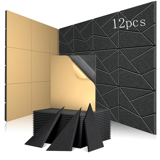 Adhesivos acústicos de pared (juego de 12) para salas de juegos: diseño lineal, paneles acústicos recortables, puertas y paredes,30 x 30 cm